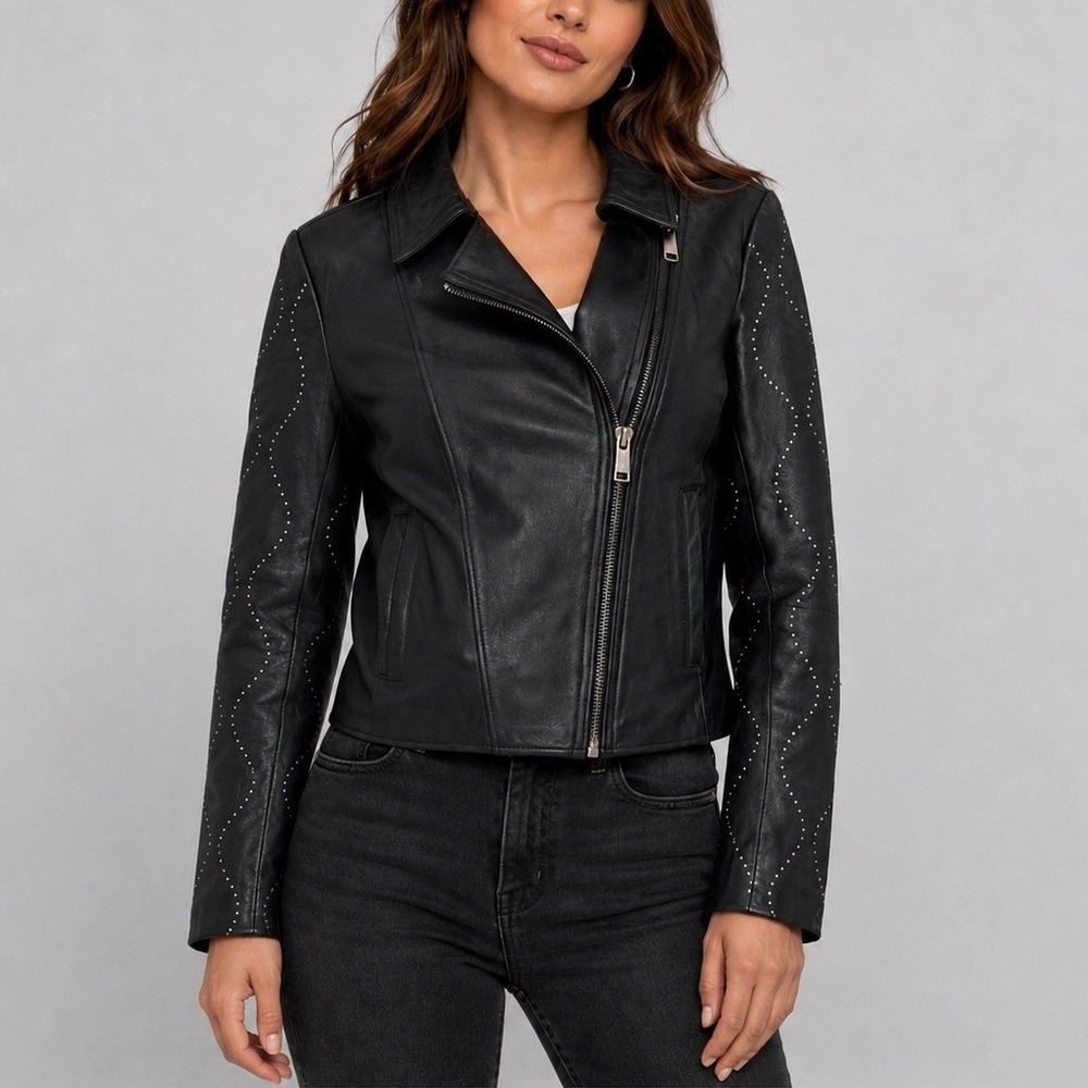Wilsons Leather Womens Black Genuine Leather Moto Jacket Studded Sleeves XS